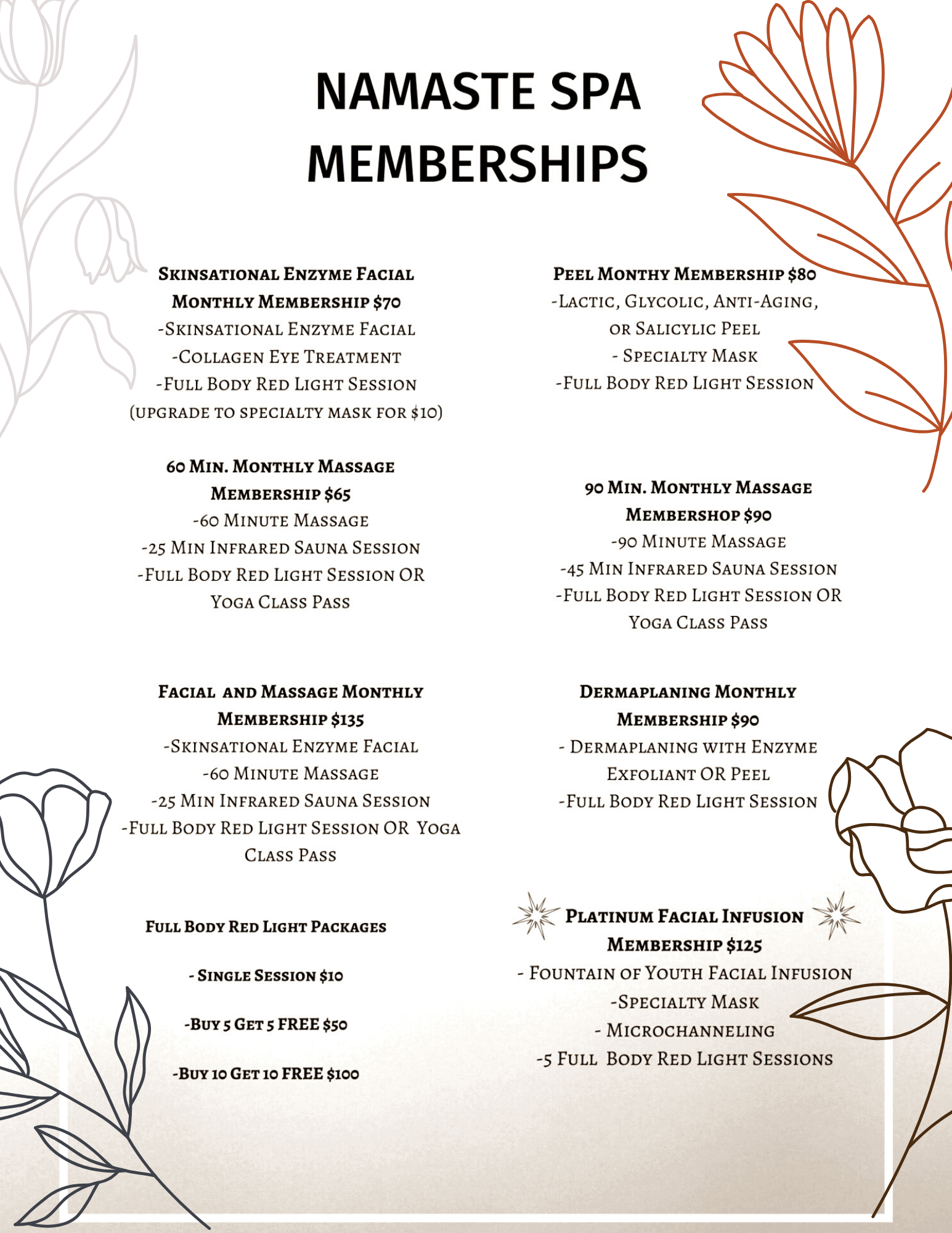 Monthly Specials & Memberships – Namaste Event, Spa, and Wellness Center